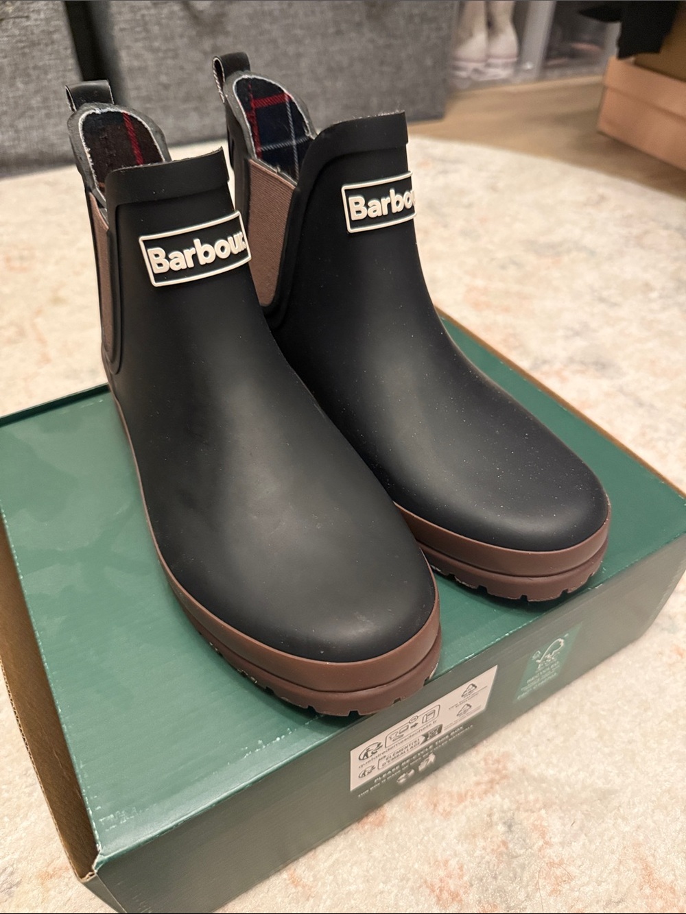 Barbour Black Chelsea Rain Boots with Brown Sole Trim